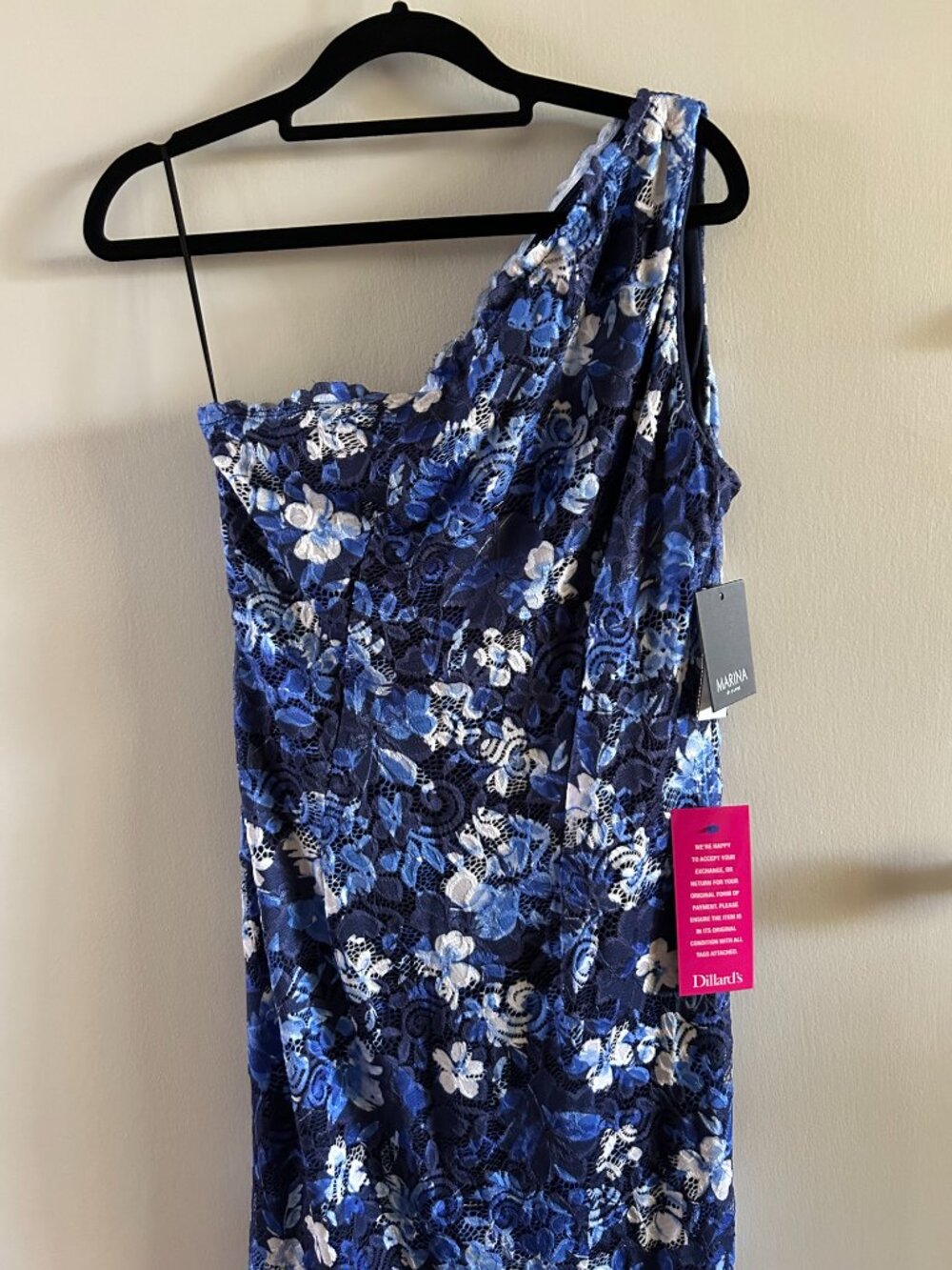 Blue embroidered lace floral one shoulder cocktail dress for wedding guest - Picture 3 of 5
